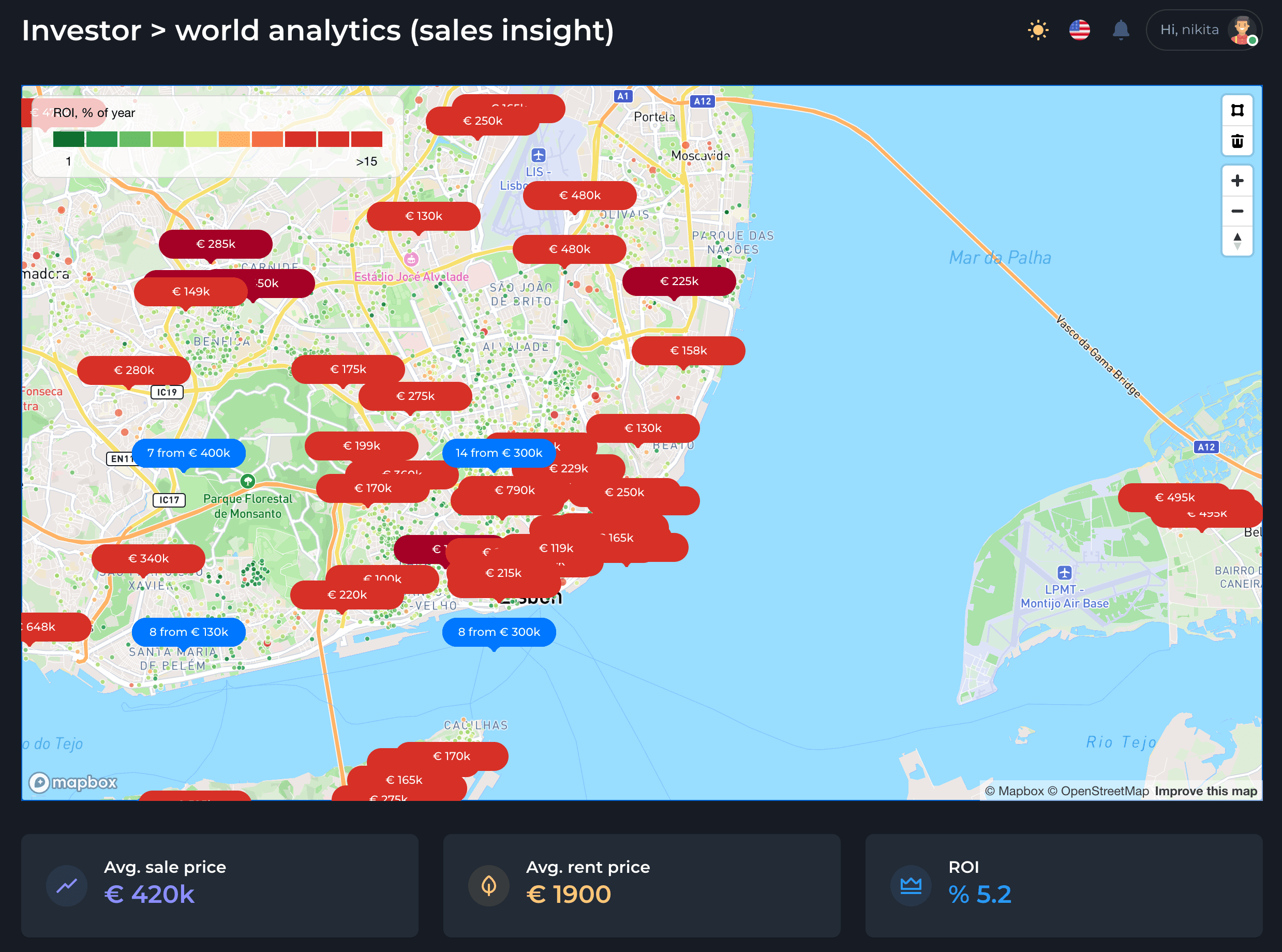 Mapa de preços e ROI da Propertium em Lisboa com preços dos anúncios, escala de ROI e preço médio de venda, renda e ROI